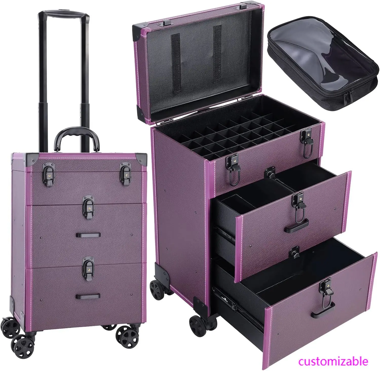 Rolling Nail Case Wheeled Manicure Storage Case Polish Organizer Professional Makeup Trolley for Studio or Travelling Nail