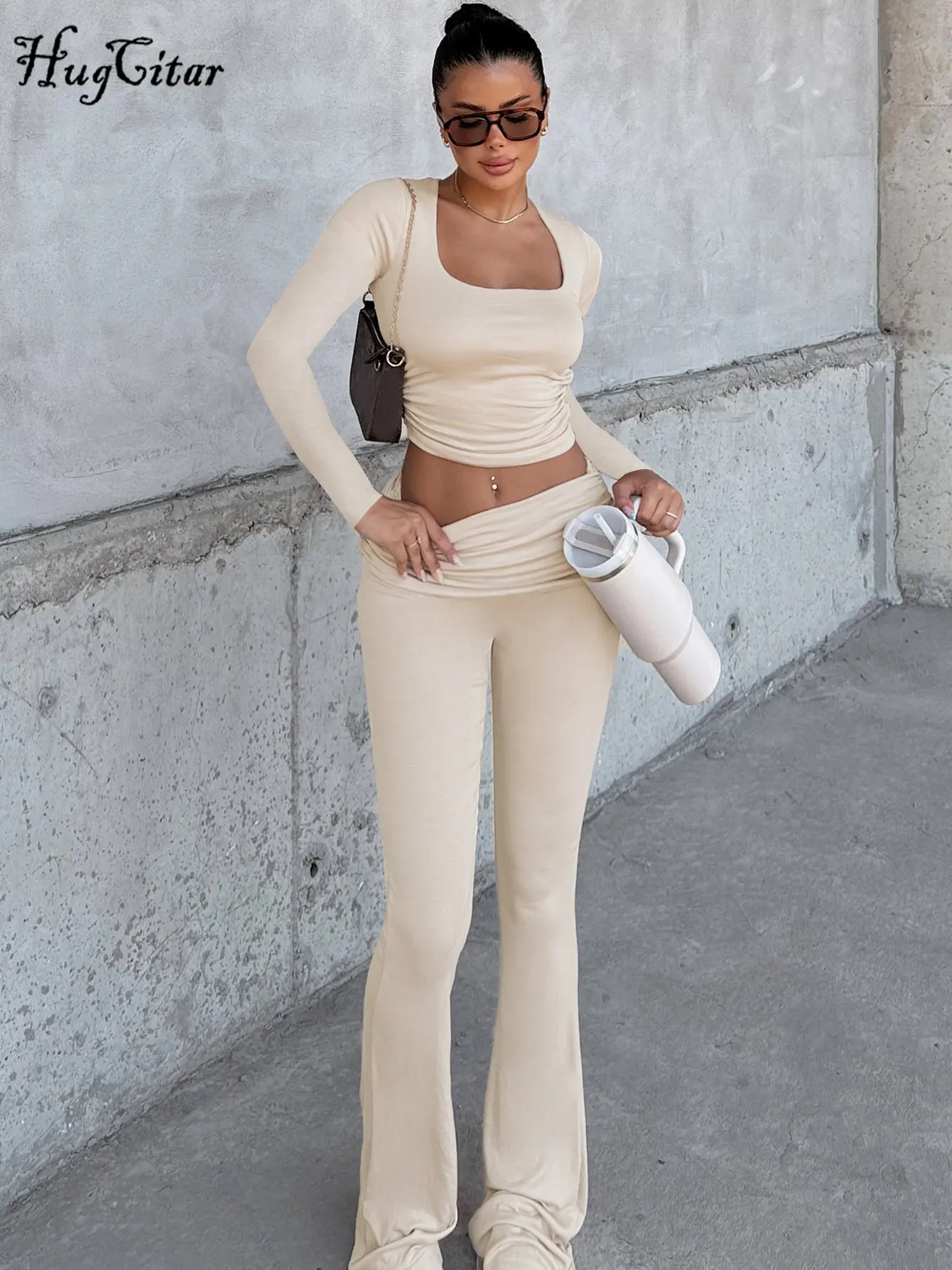 Hugcitar Autumn 2 Pcs Sets Solid Long Sleeve Slim Crop Top Ruched Wide Leg Pants Casual Women Tracksuits Streetwear Work Out