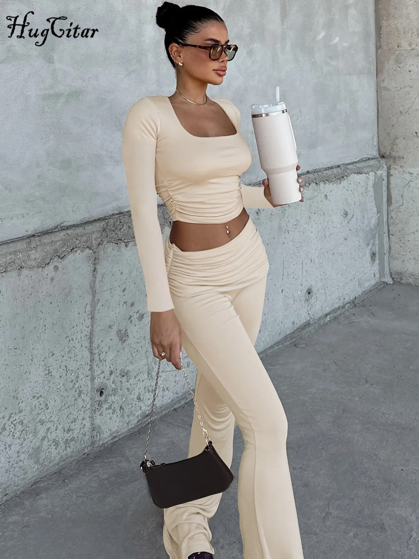 Hugcitar Autumn 2 Pcs Sets Solid Long Sleeve Slim Crop Top Ruched Wide Leg Pants Casual Women Tracksuits Streetwear Work Out
