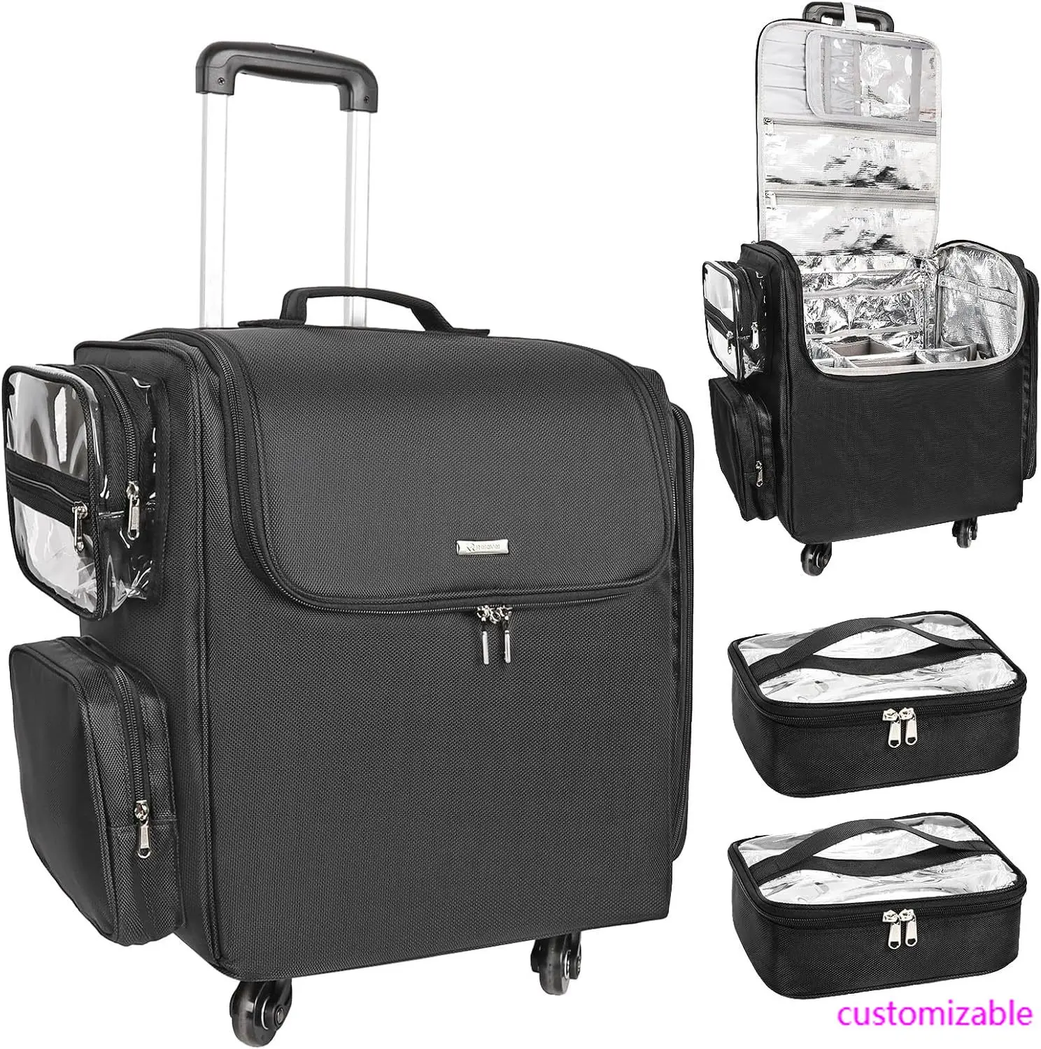 Rolling Makeup Train Case, Hairstylist Traveling Bag with 4 Wheels, Heat Insulation Full Layer, Adjustable Dividers, Hair Tools