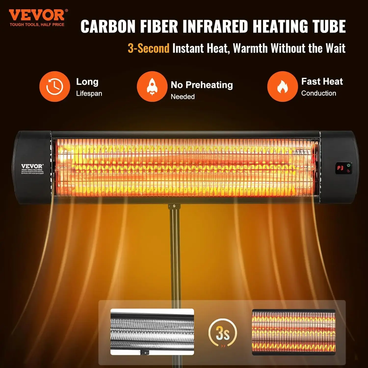 Infrared Heater, 1500W Remote Control Electric Space Heater, LED Screen Patio Heater w/ 3 Speeds & Timer, Outdoor/Outdoor