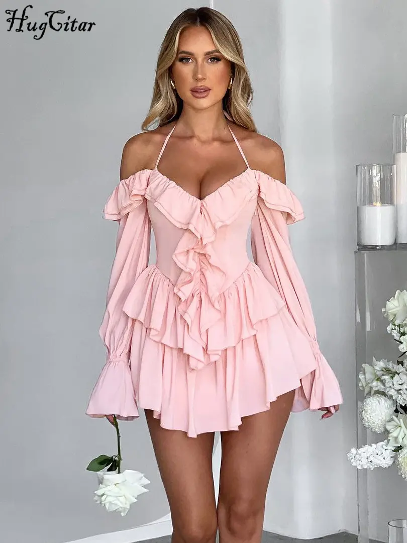 Hugcitar Spring Elegant Ruffles Solid Long Flare Sleeve Sexy Pleated Mini Dress Women Casual Y2K Clothes Birthday Party Vacation