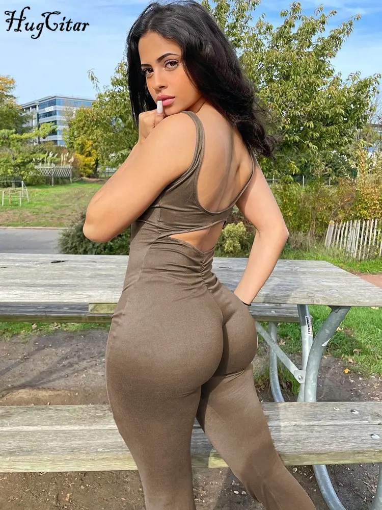 Hugcitar Solid Straps Sleeveless Backless Draped Sexy Bodycon Skinny Jumpsuit Spring Summer Women Casual Romper Streetwear Sport