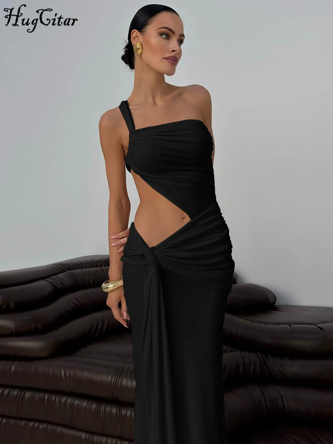 Hugcitar Women Fashion One Shoulder Strap Ruched Sexy Hollow Out Solid Shirring Maxi Dress Summer Party Clothes Vacation Club