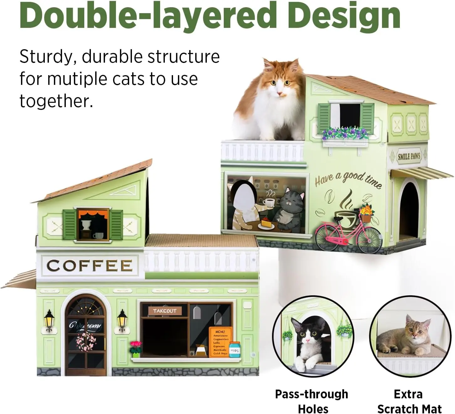 Cat Beds for Indoor Cats, Cardboard Cat House with Scratchers, Coffee Shop, Large Sturdy Cat Furniture Condo Cave Tent