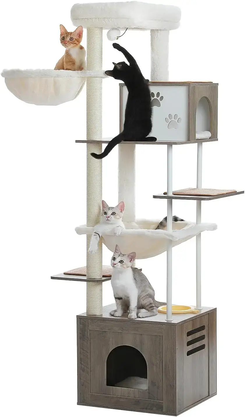 Large Cat Tree with Food Station, 74.8 Inches Wooden Tall Cat Tower with Extra Large Condos and Hammocks,