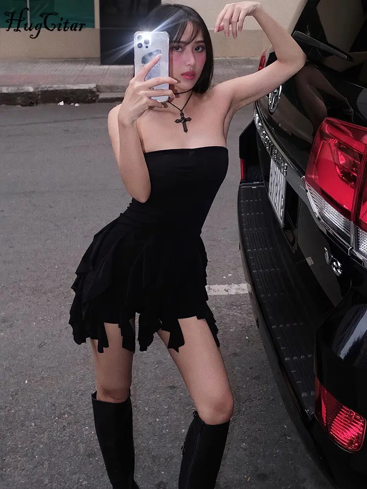 Hugcitar Solid Strapless Ruffles Tassel Elegant Sexy Slim Mini Prom Dress 2025 Spring Women Y2K Outfit Evening Party Birthday