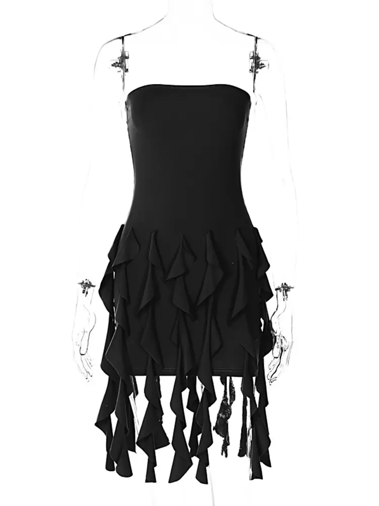 Hugcitar Solid Strapless Ruffles Tassel Elegant Sexy Slim Mini Prom Dress 2025 Spring Women Y2K Outfit Evening Party Birthday