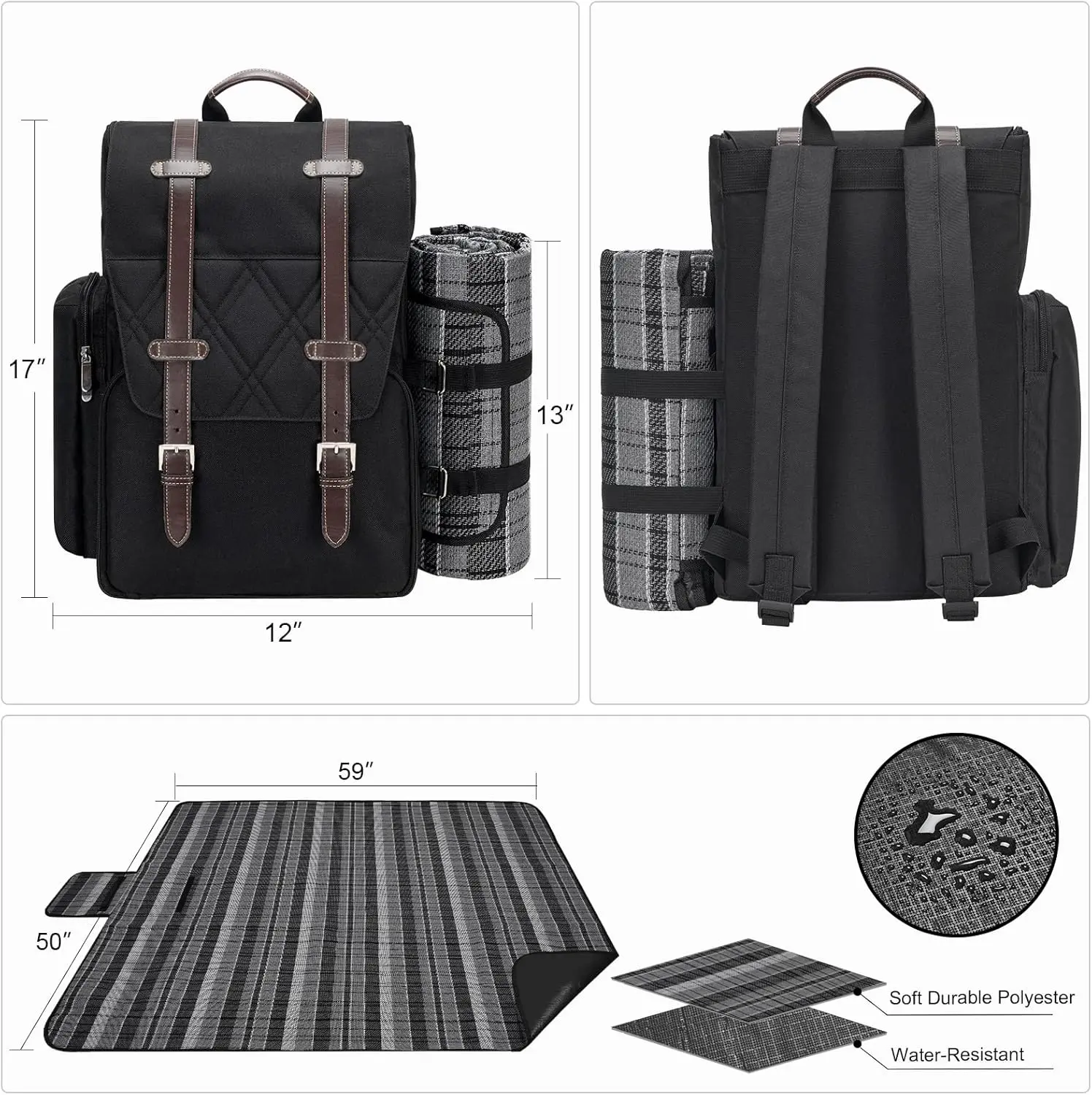 Picnic Backpack for 4 Person with Large Insulated Cooler Bag, Picnic Basket Set with Wine Pouch, Waterproof Picnic Blanket