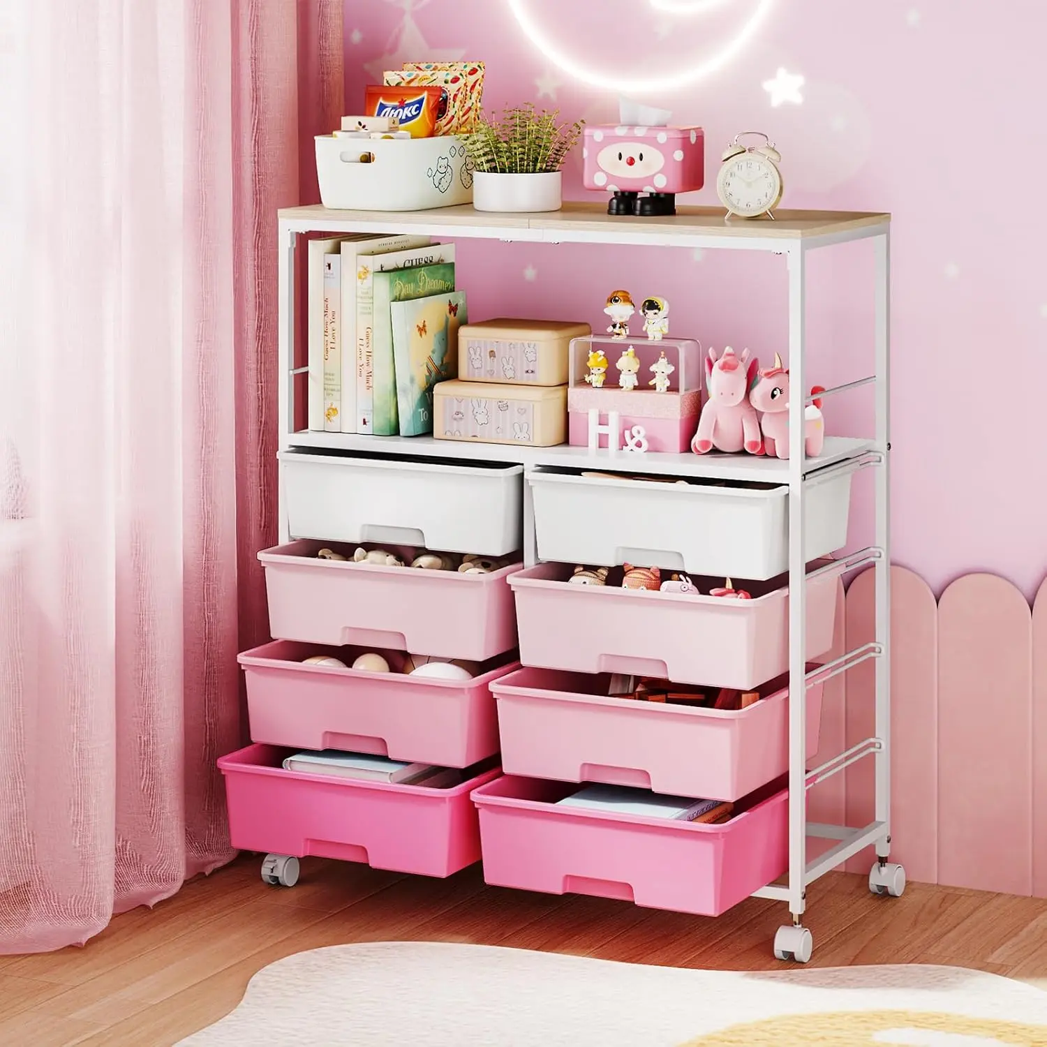 8 Drawers Rolling Storage Cart with Wooden Top, Multipurpose Utility Cart with Opening Shelf & Lockable Wheels