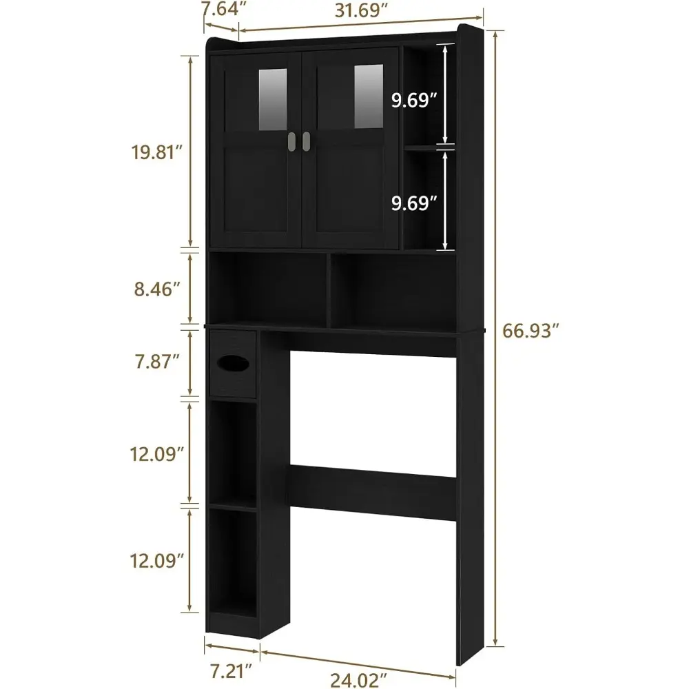 Over The Toilet Storage Cabinet, Bathroom Shelf Over Toilet with Glass Doors and Adjustable Shelves, Black Freestanding Home Sp