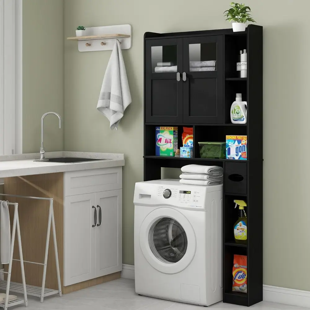 Over The Toilet Storage Cabinet, Bathroom Shelf Over Toilet with Glass Doors and Adjustable Shelves, Black Freestanding Home Sp