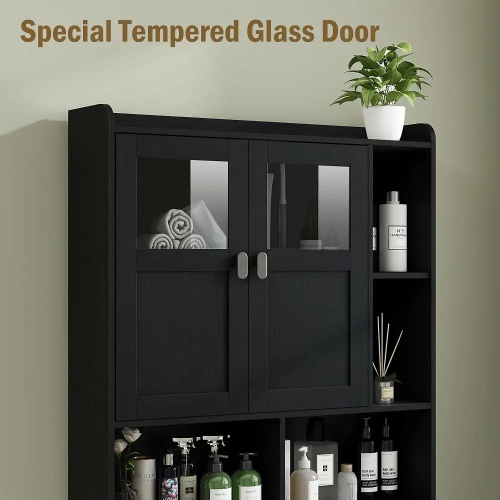 Over The Toilet Storage Cabinet, Bathroom Shelf Over Toilet with Glass Doors and Adjustable Shelves, Black Freestanding Home Sp