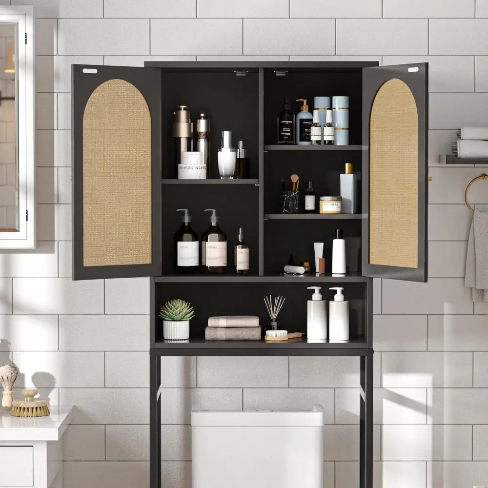 Rattan Toilet Storage Cabinet, Over The Rack Wood Cabinet with Metal Stand, Bathroom Organizer with Adjustable Shelf, Tall Frees