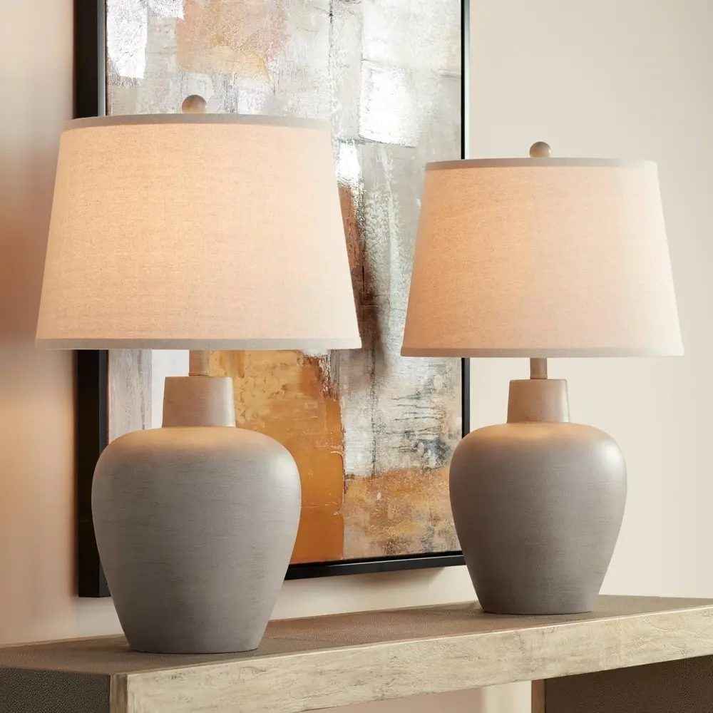 Regency Hill Glenn Rustic Country Cottage Style Table Lamps 27" Tall Set of 2 Southwest Urn Neutral Fabric Drum Shade Decor for