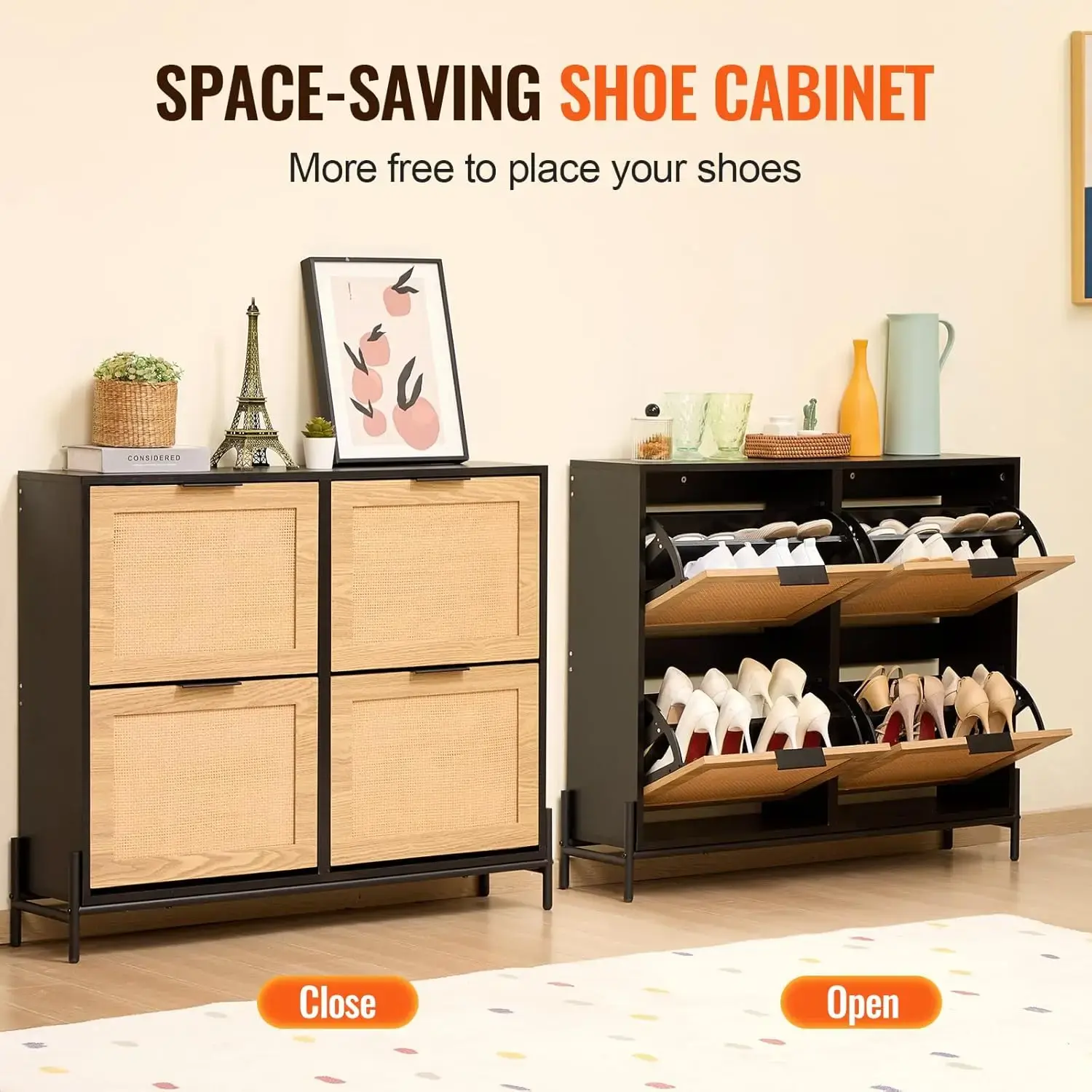 Rattan Shoe Cabinet, Narrow Shoe Storage Organizer with 4 Flip Drawers, Slim Shoe Entryway Storage Cabinet with Metal Legs