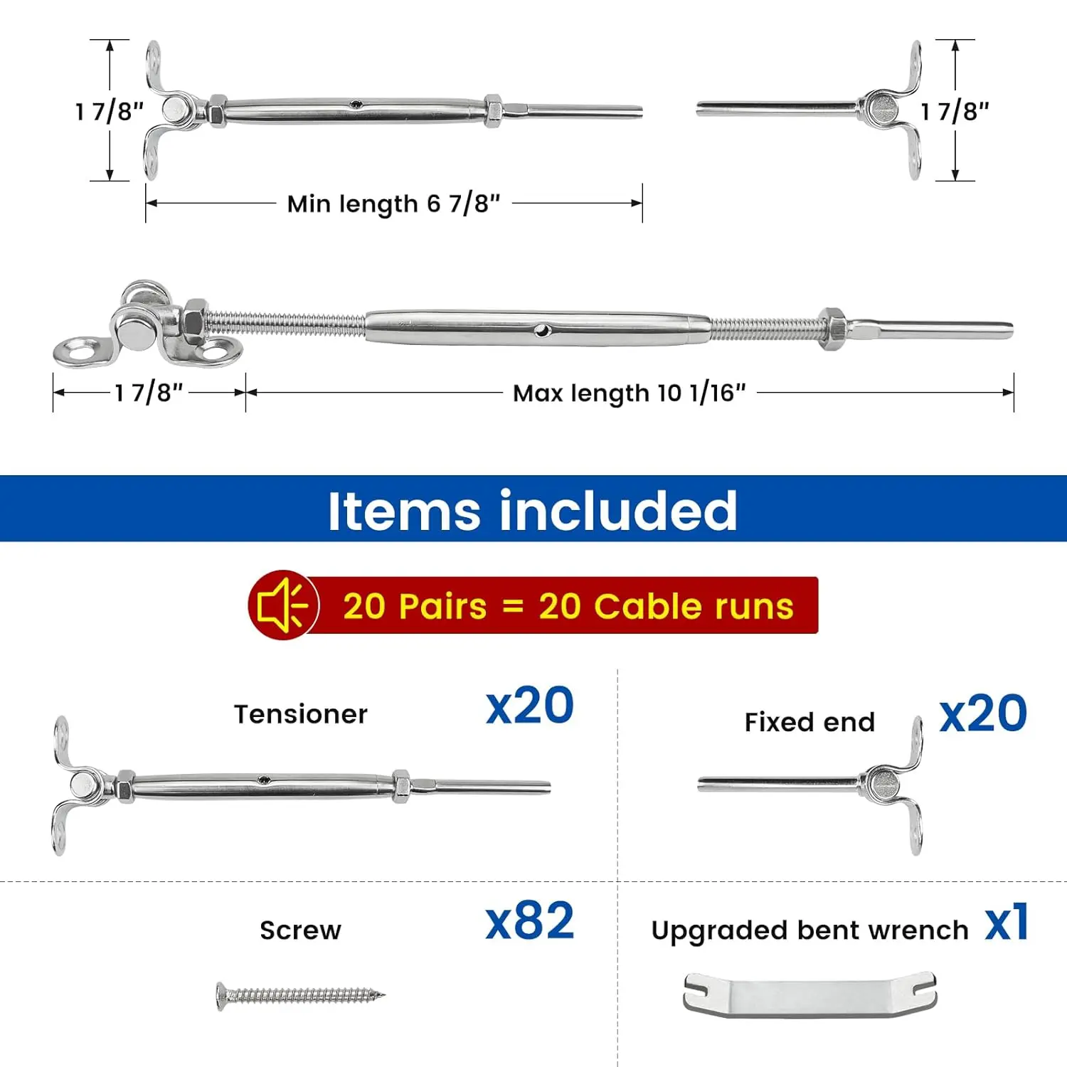20 Pairs 1/8" Cable Railing Hardware Kit Swage Toggle Turnbuckle for Wood Post T316 Stainless Steel Deck Cable Railing System