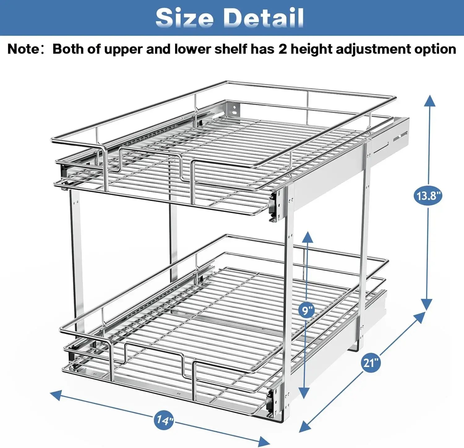 2 Tier Individual Pull Out Cabinet Organizer 14" W x 21" D, Slide Out Kitchen Cabinet Storage Sliding Shelves
