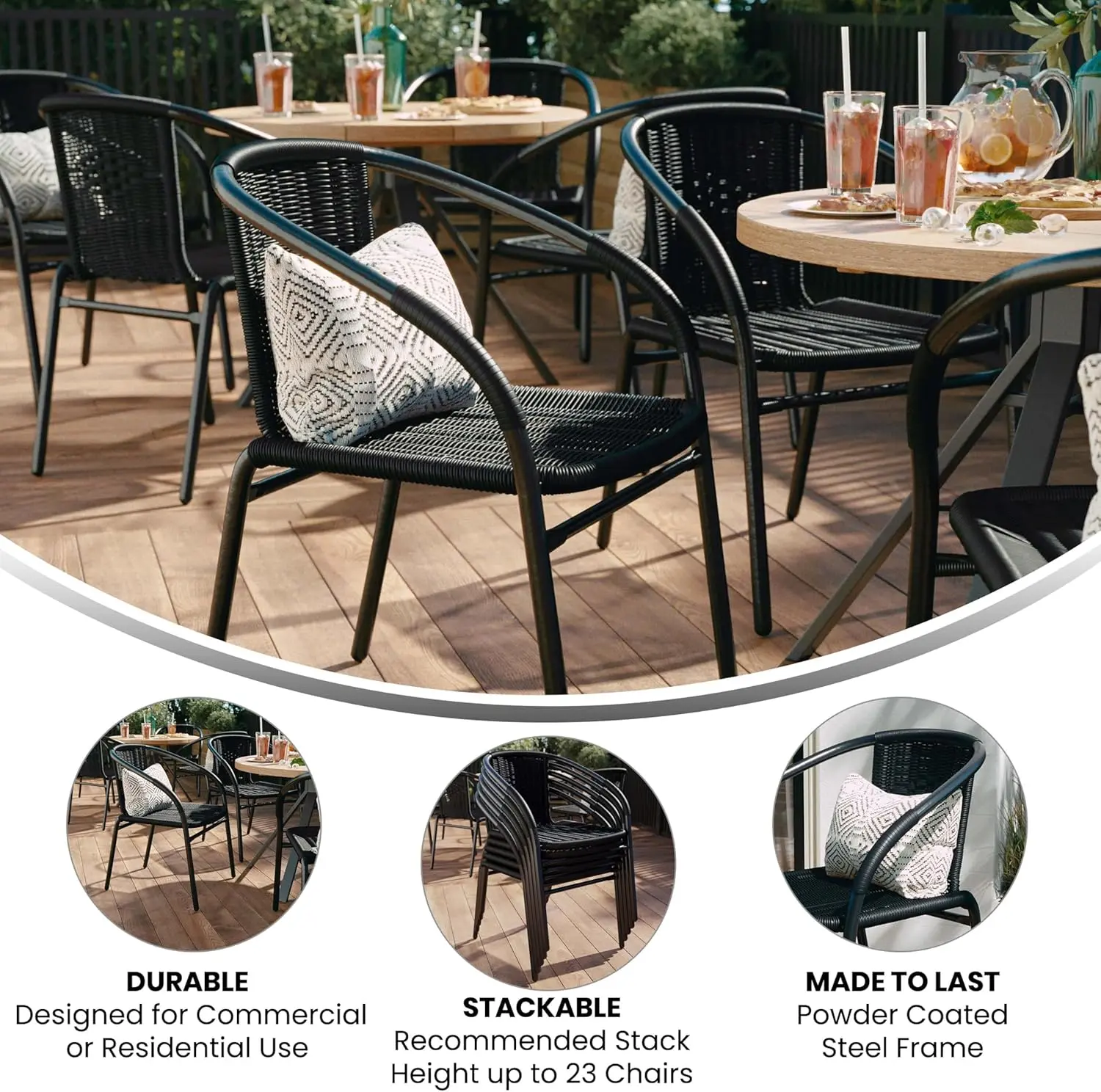 2 Pack Black Rattan Indoor-Outdoor Restaurant Stack Chair with Curved Back