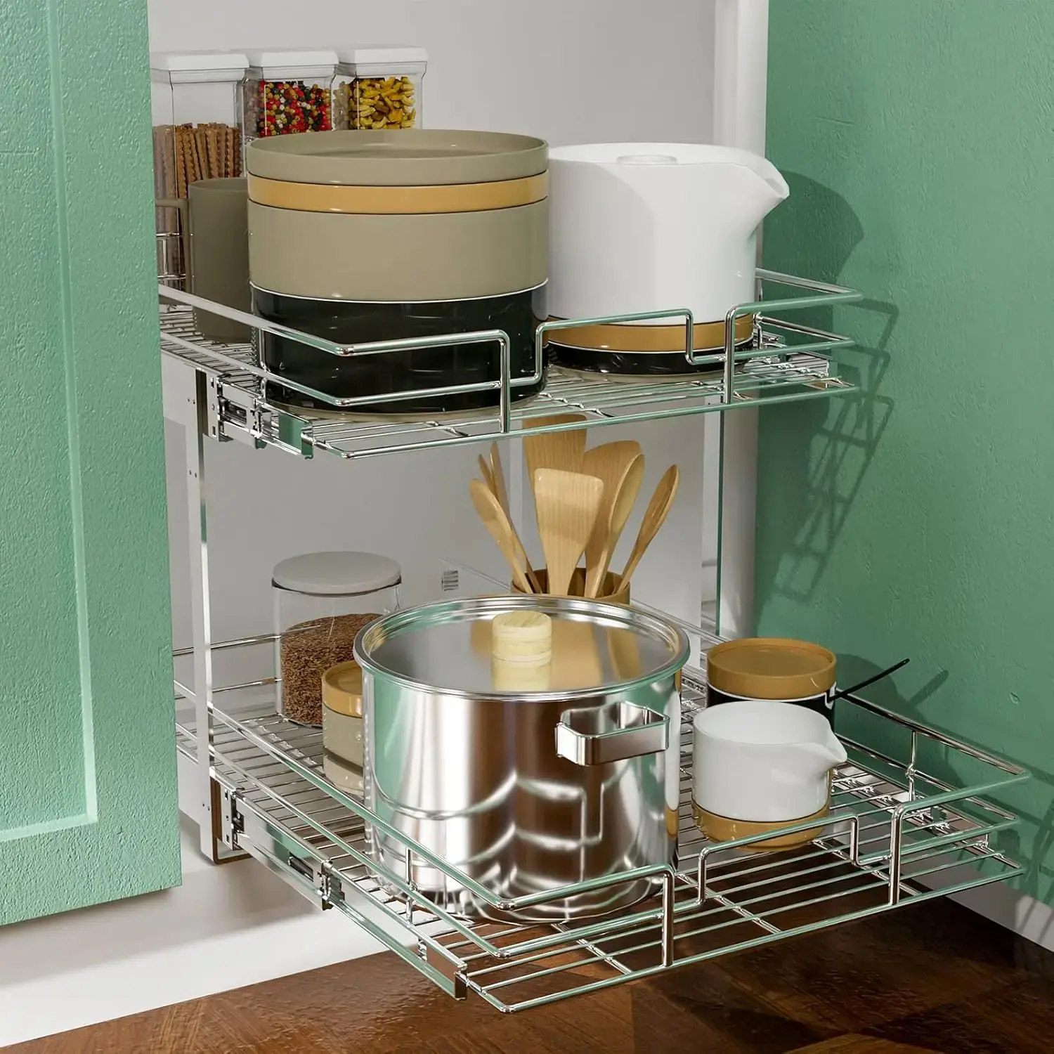2 Tier Individual Pull Out Cabinet Organizer 14" W x 21" D, Slide Out Kitchen Cabinet Storage Sliding Shelves