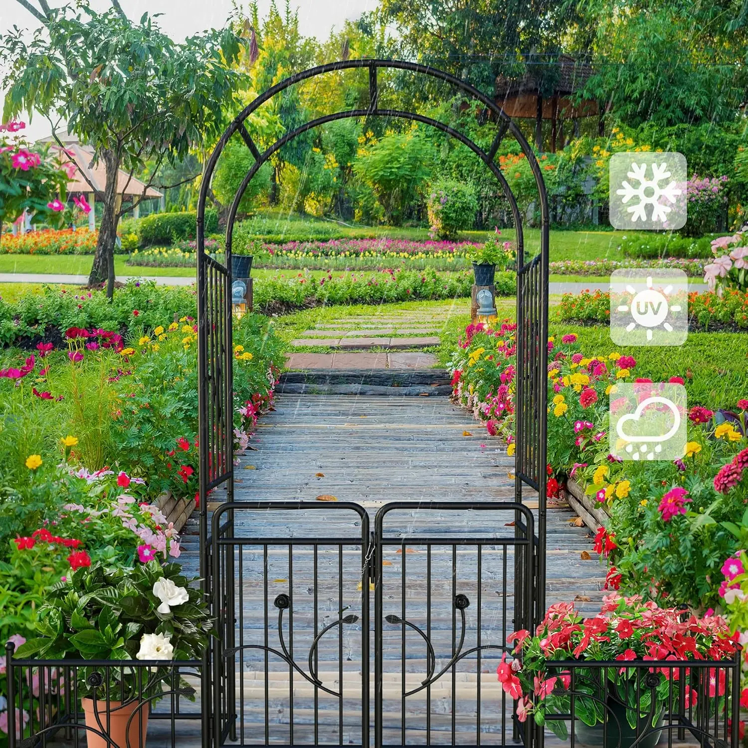 Garden Arbor with Gate and Planter Boxes, 87IN Wedding Arches for Ceremony, Metal Garden Arch for Climbing Plants Outdoor