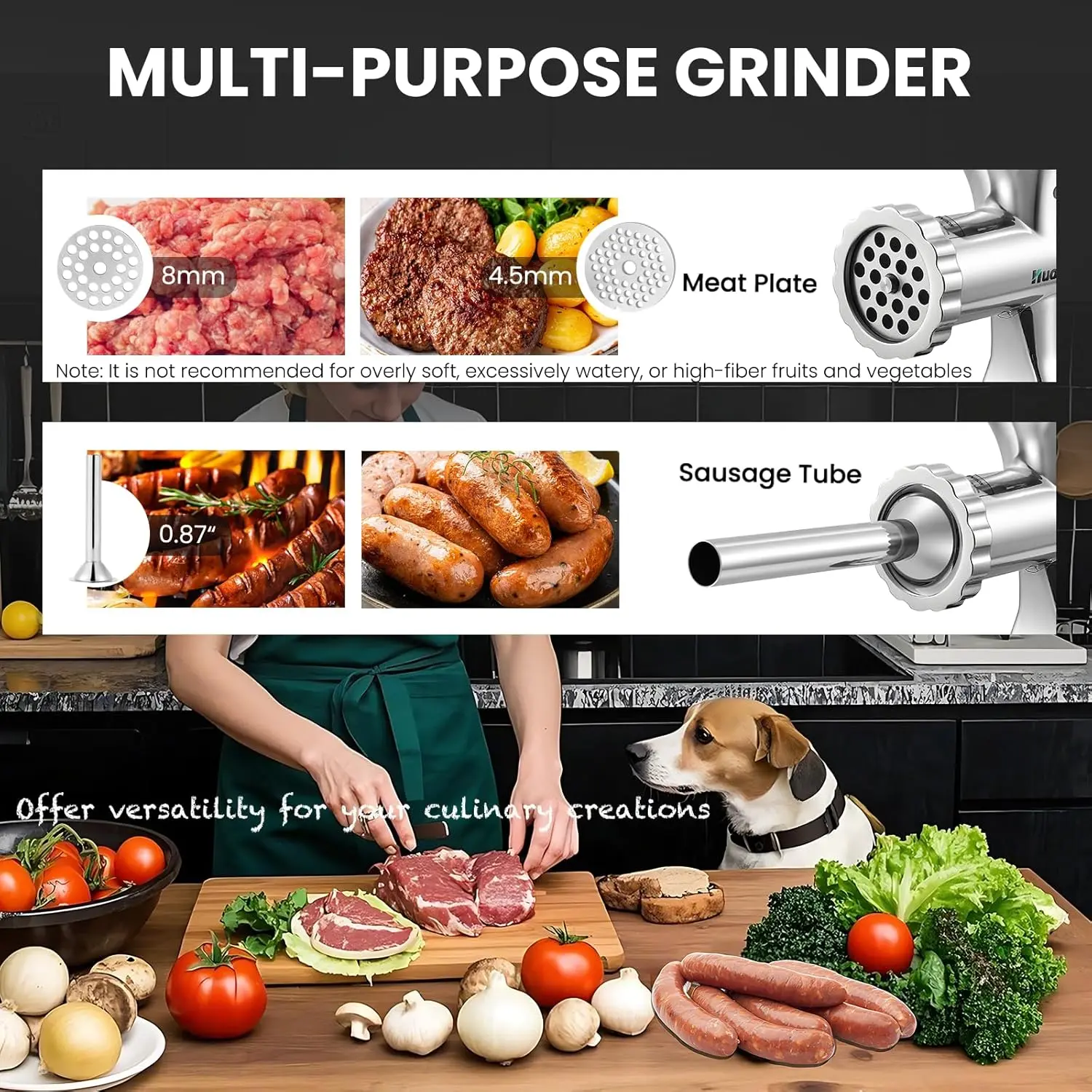 Manual Meat Grinder - Heavy Duty Stainless Steel, Effortless Hand Crank for Fresh Ground Beef, Sausages & Pet Food - Compact,