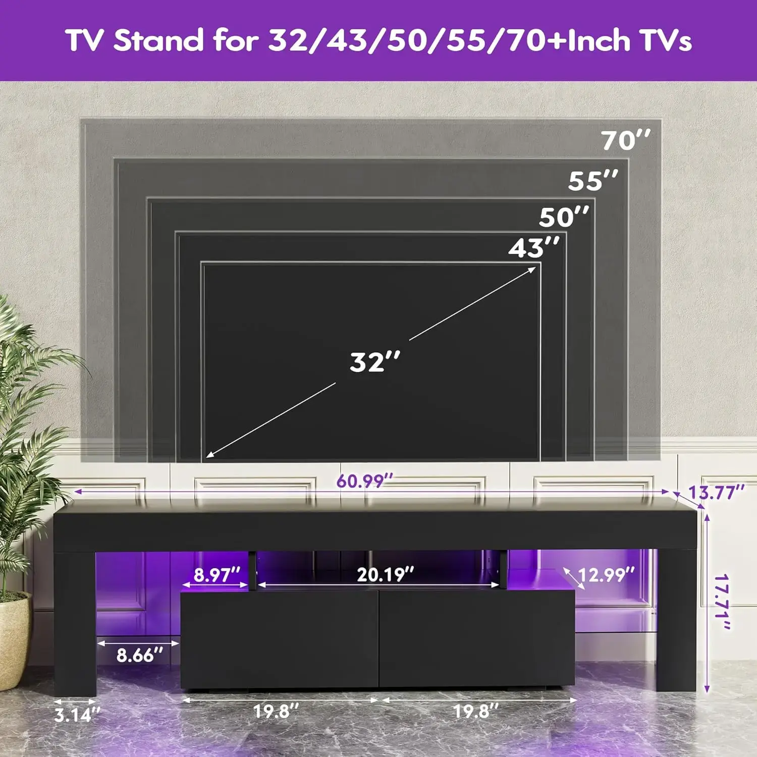 Modern Lighting TV Cabinet Entertainment Center Media and Open Shelf, TV Console Table with 1 Drawer and Remote Control