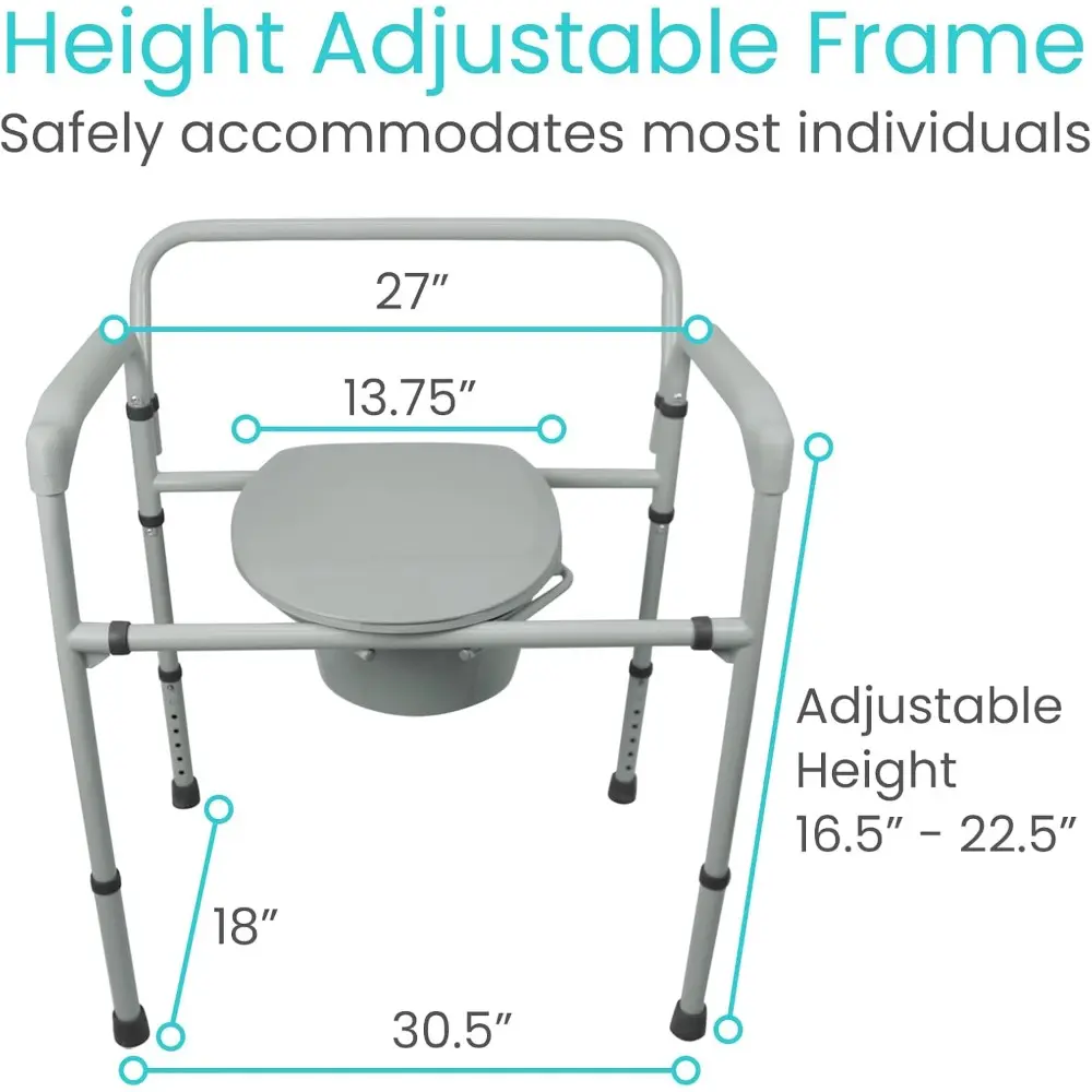 Vive Bariatric Bedside Commode 500 lb Capacity- Folding 3n1 Toilet Chair, Portable Extra Wide Seat with Bucket Splash Guard, Hea