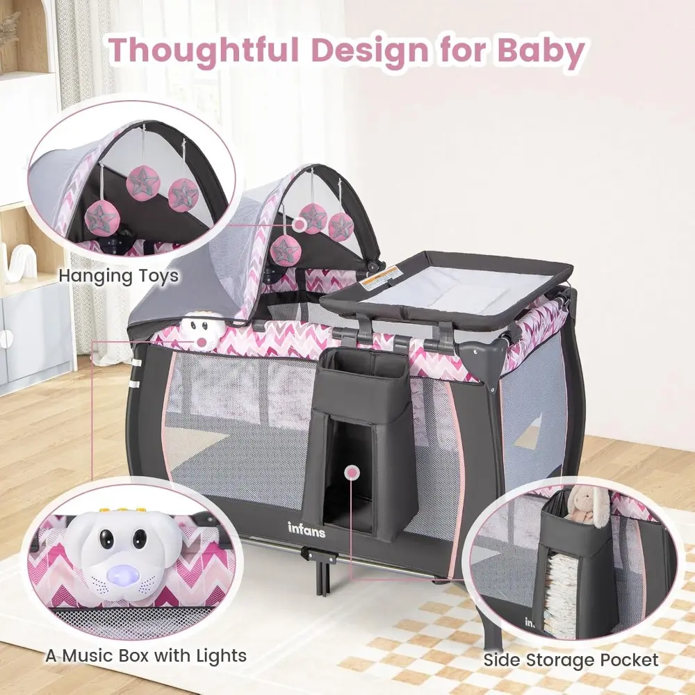 4 in 1 Pack and Play, Portable Travel Baby Playard with Bassinet, Changing Table, Canopy, Mosquito Net, Hanging Toys, Music Box