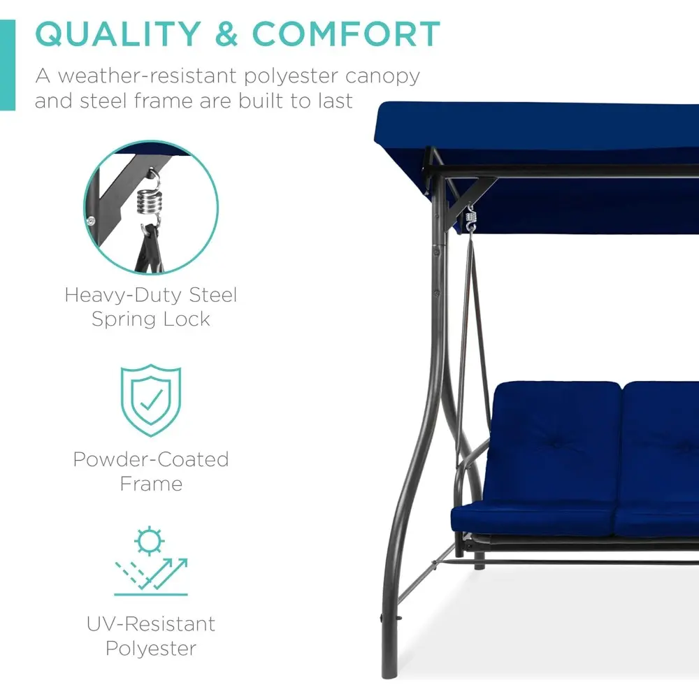 3-Seat Outdoor Large Converting Canopy Swing Glider, Patio Hammock Lounge Chair for Porch, Backyard w/Flatbed, Adjustable Shade