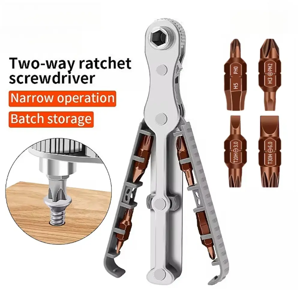 Precision Ratchet Wrench Screwdriver Set Slotted Magnetic Bits Forward Reverse 90 Degree Screw Driver
