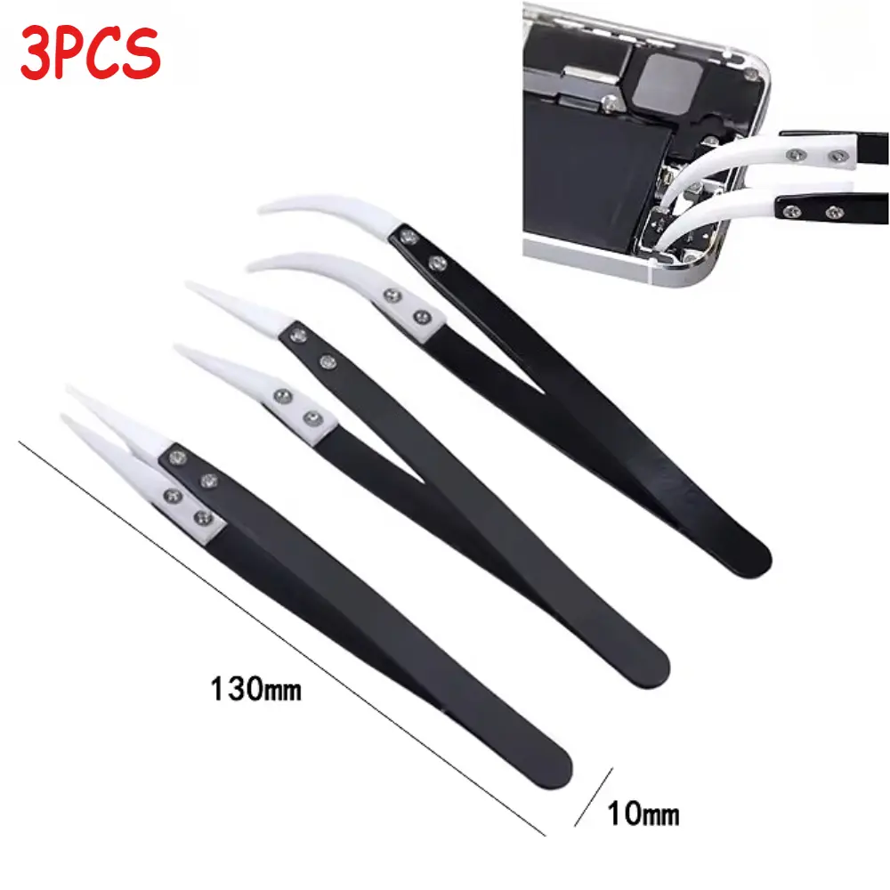 Straight Curved Tip Tweezers High Temperature Industrial Insulated Replaceable Tips Solder Resistant Stainless Steel Zirconia