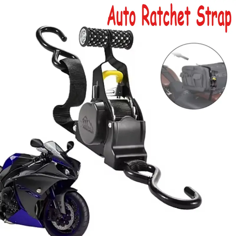 Retracting Motorcycle Tie Down Strap with Hook robusts & Multifunction Automatic Ratchet Tie Down Strap for Easy Use