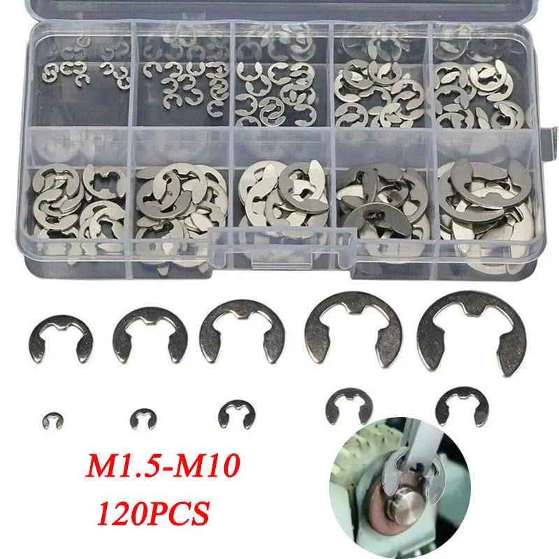 120pcs Stainless Steel Split Ring M1.5-M10 E-type Snap Spring Automotive Fasteners With Box Hand Tools For Safety Fixing