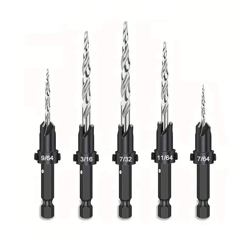 5pcs 1/4 Hex Handle Conical Countersunk Drill Hex Core Drill Bit Woodworking Hole Opener With 1 Hex Wrench Carpentry Accessories