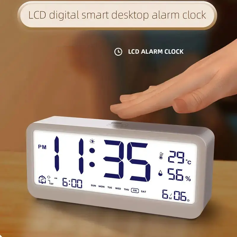 1pc LCD Electronic Alarm Clock Students Mute Temperature Humidity Calendar Digital Clock Snooze Function Alarm Clock Home Decor