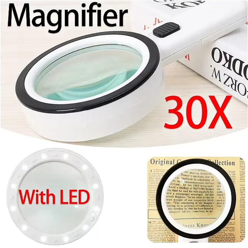 30X Magnifier Handheld LED Glasses With Illumination Microscope Magnifying Glass Lens Reading Jewelry Glass Repair Tool