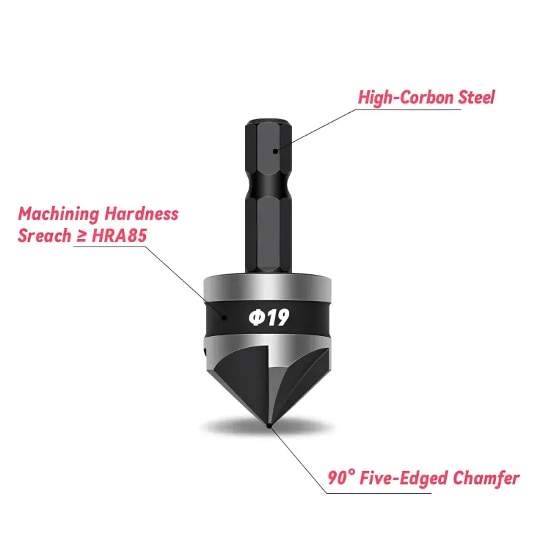 3PC 12/16/19mm hexagonal shank 90 degree black five blade chamferer countersink drill woodworking hole opener tool set