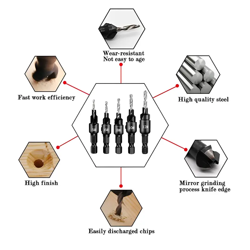 5PCS Woodworking Countersunk Head Drill Bit Set HSS Chamfering Reaming Tools Hexagonal Handle Detachable Countersunk Drill Bits