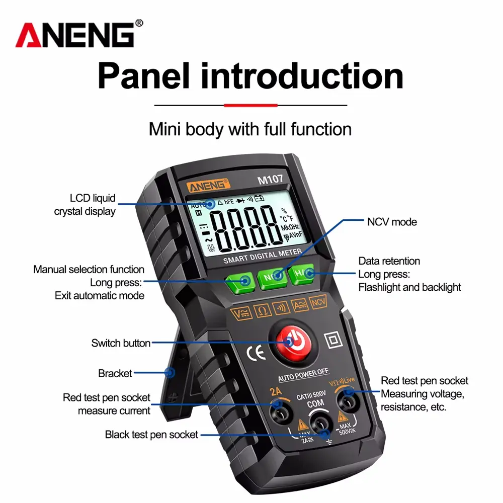ANENG New M107 M108 Mini Digital Multimeter 4000 Counts Non Contact AC/DC Current Voltage Tester Resistance Capacitance Meter
