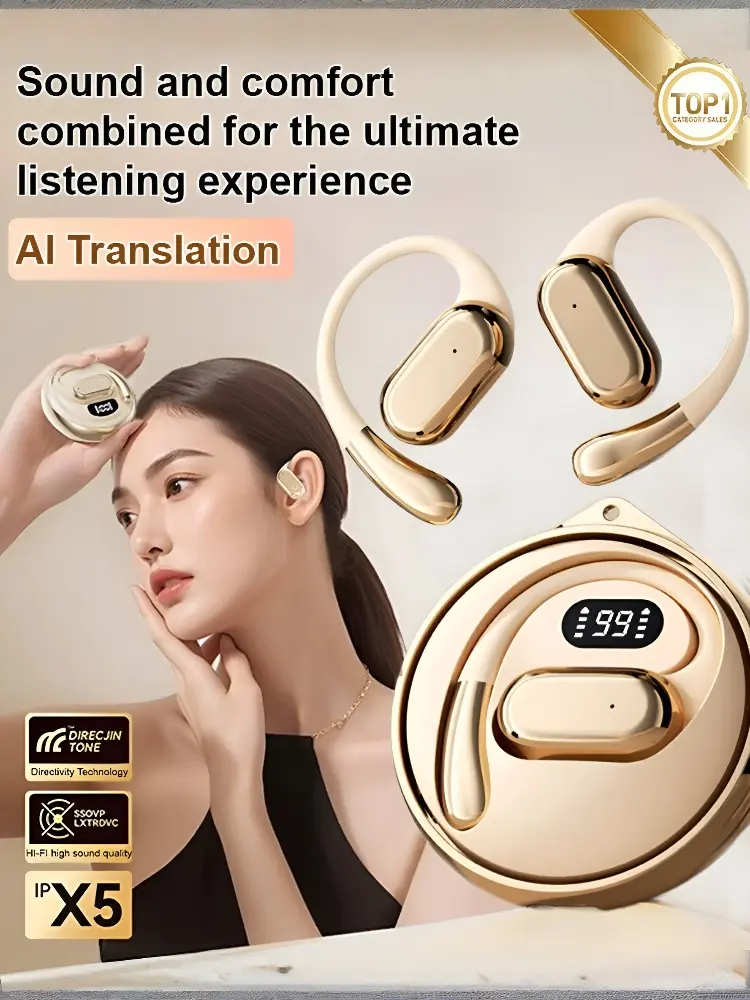 Smart Clip-on Bluetooth Translator Earphones Digital Display Extremely Long-lasting Wireless Rotatable Over-ear Bluetooth Earpho