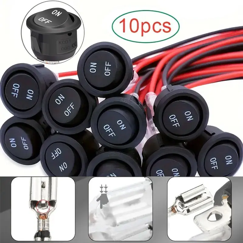 10pcs Mini 20mm Round Rocker Switches 12V DC SPST ON/FF Toggle Easy Install Brass Terminals For Automotive Boats RV Tools