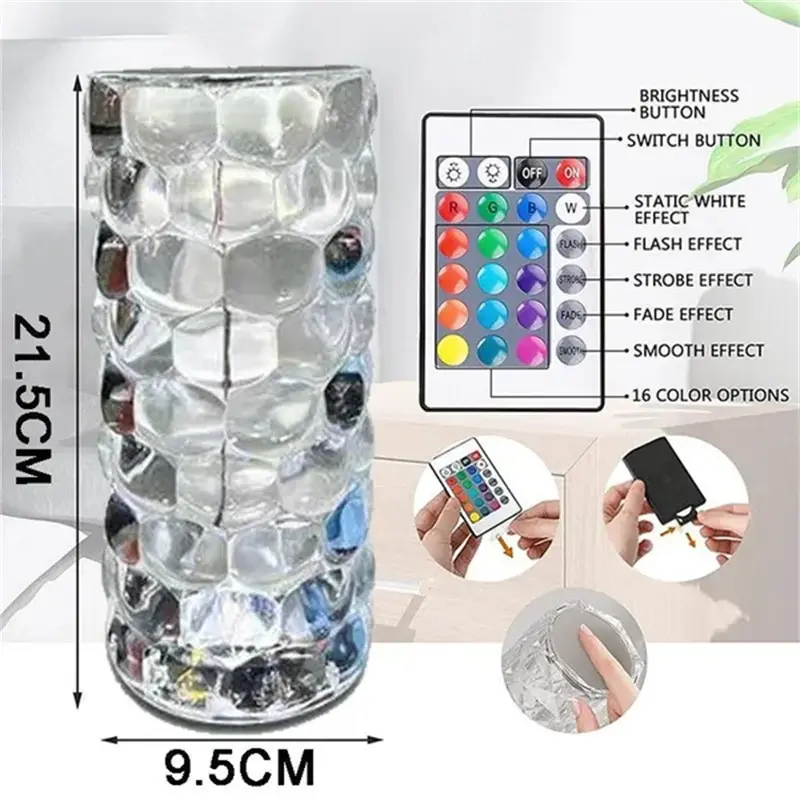 Waterdrop Table Lamp LED Crystal Projector 3/16 Colors Touch Adjustable Romantic Diamond Atmosphere Light USB Touch Night Light