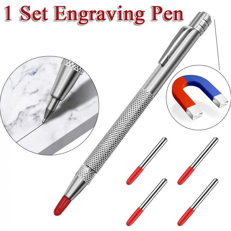 1 Set Diamond Engraving Pen Magnetic Carbide Tip Scriber Pen With 4 Spare Pointed Tip For Ceramic Glass Woodworking Tools