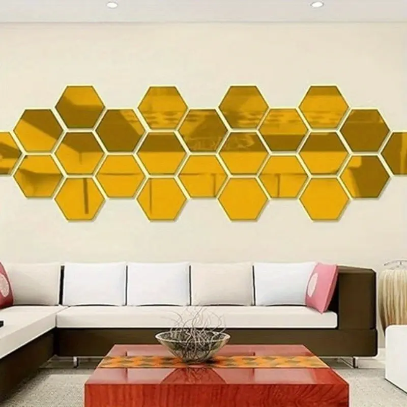 24pcs Hexagon Mirror Sticker Gold Self Adhesive Mosaic Tiles Wall Sticker Decals DIY Bedroom Living Room Bathroom Home Decor
