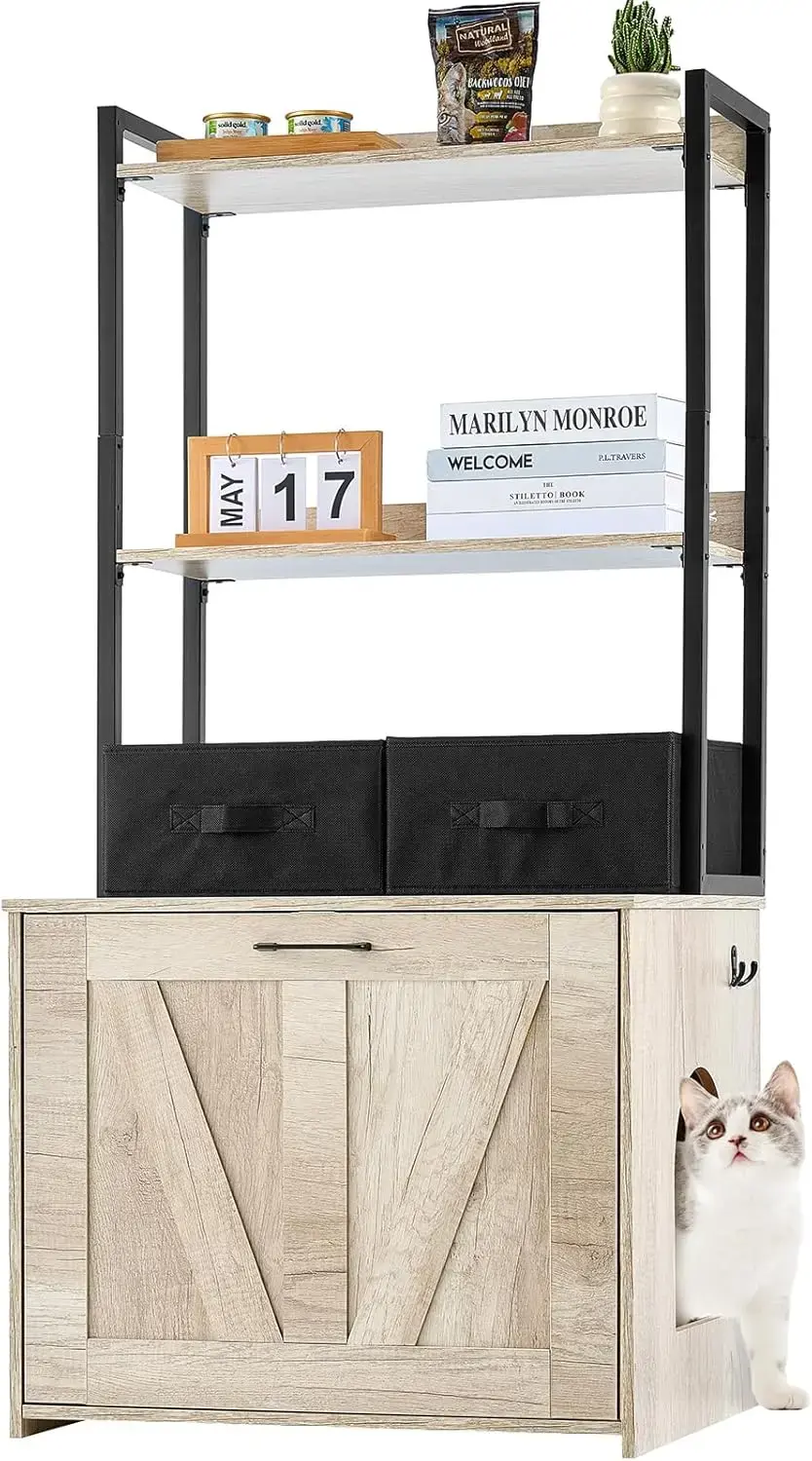 Cat Litter Box Enclosure, Hidden Litter Box Furniture with 2 Storage Shelves & 2 Baskets, Wooden Cat Washroom Indoor