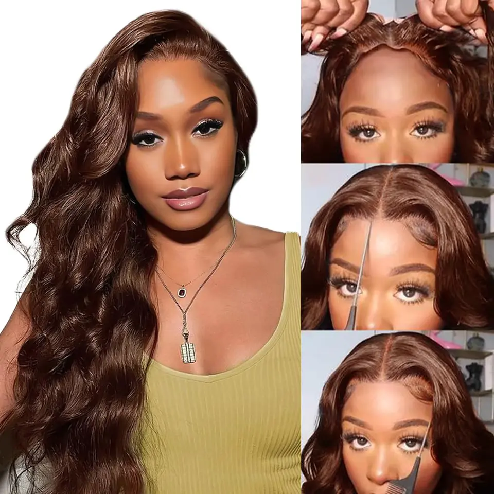 Chocolate Brown Glueless Wigs Human Hair Pre Plucked Pre Cut 5x5 9x6 Wear And Go Glueless Wig Brown Human Hair Wig 250% Remy