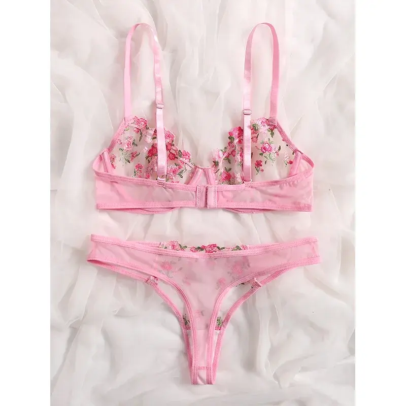 Lingerie Sexy Floral Embroidery Underwear Transparent Lace Short Skin Care Kits Delicate Fairy Set Woman 2 Pieces