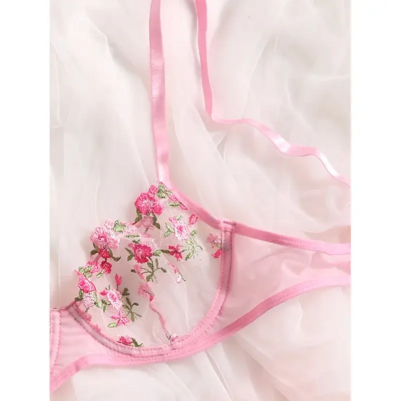 Lingerie Sexy Floral Embroidery Underwear Transparent Lace Short Skin Care Kits Delicate Fairy Set Woman 2 Pieces