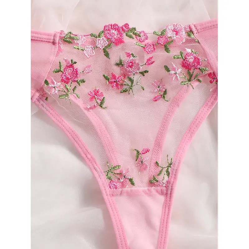 Lingerie Sexy Floral Embroidery Underwear Transparent Lace Short Skin Care Kits Delicate Fairy Set Woman 2 Pieces